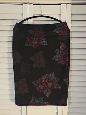 Lula Roe Black Floral Pencil Skirt - Red & Green Flower Print